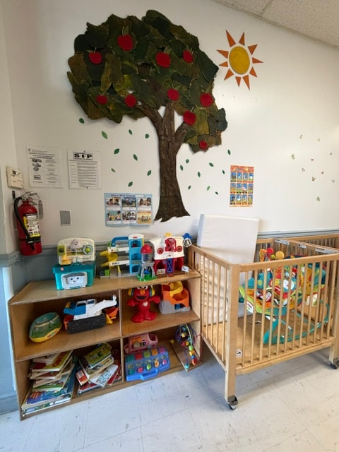 Wantagh infant room with apple tree mural and crib